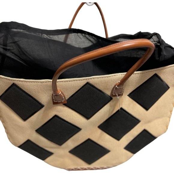 LARGE Diamond straw tan black tote bag NWT Summer beach pool farmer's market new - Picture 8 of 13